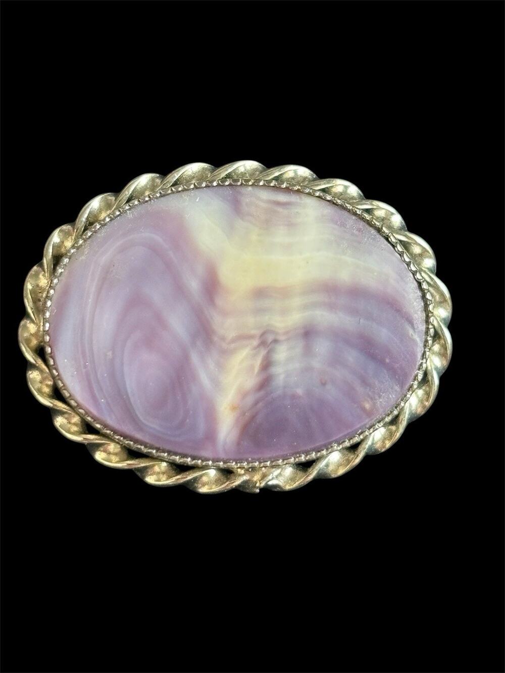 Oval Purple White Wampum Quahog Shell Convertible Brooch Pendant Silvertone